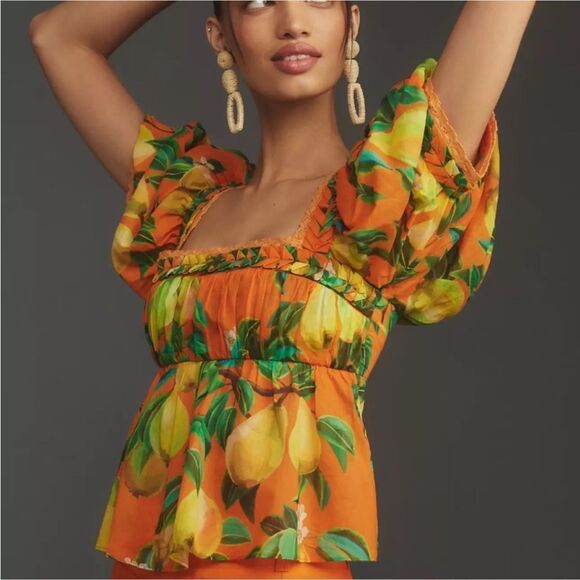 FARM Rio Tops - NWT Farm Rio Orange Chic Pears Short Sleeve Blouse Size Medium $148